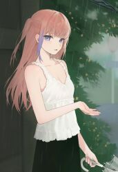 1girl alternate_costume bare_shoulders black_skirt blue_eyes breasts camisole collarbone commentary english_commentary frilled_camisole frills girls&#039;_frontline holding holding_umbrella kir_(khw66136132) looking_at_viewer multicolored_hair one_side_up open_mouth pink_hair purple_hair rain skirt small_breasts solo st_ar-15_(girls&#039;_frontline) streaked_hair two-tone_hair umbrella vegetation white_camisole