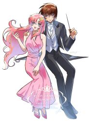 1boy 1girl black_jacket black_pants black_suit blue_eyes breasts brown_hair collared_shirt conductor conductor_baton couple dress formal_clothes gundam gundam_seed gundam_seed_freedom hair_ornament hetero highres holding holding_baton jacket kira_yamato lacus_clyne long_hair long_sleeves official_alternate_costume open_mouth pants pink_hair purple_eyes rrrisyf shirt short_hair sleeveless smile suit very_long_hair