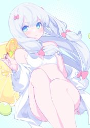 1girl amejaga bikini blue_background blue_eyes blush bow breasts closed_mouth commentary english_commentary eromanga_sensei feet_out_of_frame food hair_between_eyes hair_bow highres holding holding_food ice_cream izumi_sagiri long_hair long_sleeves looking_at_viewer off_shoulder open_clothes open_shirt pink_bow puffy_long_sleeves puffy_sleeves shirt small_breasts solo swimsuit very_long_hair white_bikini white_hair white_shirt