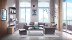 apartment balcony bare_tree blurry blurry_background boat book ceiling_light couch curtains day drop_shadow footrest glass_table highres indoors no_humans non-web_source official_art our_life:_beginnings_and_always painting_(object) photo_(object) pillow plant potted_plant railing sailboat scenery shelf table tree tree_ornament watercraft window_light