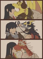 1girl 3boys black_hair claws closed_eyes colored_skin dragon_boy dragon_horns dragon_wings furry furry_male furry_with_non-furry fuxi_(housamo) grey_skin hetero highres horns interspecies itzamna_(housamo) kiss kissing_cheek long_hair mamaito multiple_boys ophion_(housamo) protagonist_2_(housamo) pushing_away red_skin tokyo_houkago_summoners wings yellow_skin