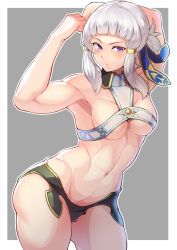 1girl abs armpits arms_behind_head arms_up bandeau bare_shoulders biceps black_panties blue_ribbon blunt_bangs breasts fate/grand_order fate_(series) hair_ribbon half_updo highres kupala long_hair looking_at_viewer medium_breasts muscular muscular_female navel panties penthesilea_(fate) purple_eyes ribbon sidelocks solo thighs toned underwear white_hair