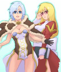 2girls adjusting_eyewear back_bow blonde_hair blue_eyes blue_hair blush book bow breasts brown_cape brown_dress brown_gloves cape cleavage closed_mouth cowboy_shot dress fur-trimmed_cape fur-trimmed_gloves fur_trim glasses gloves high_priest_(ragnarok_online) high_wizard_(ragnarok_online) holding holding_book hutene juliet_sleeves large_breasts layered_dress long_hair long_sleeves looking_at_viewer multiple_girls open_mouth pink-framed_eyewear puffy_sleeves ragnarok_online red_dress red_eyes sash short_dress smile strapless strapless_dress two-tone_dress white_background white_bow white_dress white_sash