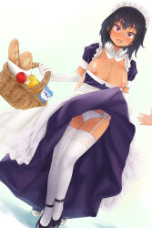 1girl apple baguette basket blush bread breast_slip breasts cleavage clothes_lift commentary_request commission cowboy_shot dark-skinned_female dark_skin dress elbow_gloves food fruit full_body garter_straps gloves highres holding holding_basket large_breasts lemon lilith_(saikin_yatotta_maid_ga_ayashii) looking_at_viewer maa_(maa1) maid maid_headdress medium_hair milk_carton nipples no_bra open_mouth orange_(fruit) panties pantyshot pixiv_commission purple_dress red_eyes saikin_yatotta_maid_ga_ayashii skirt skirt_flip skirt_lift solo surprised tan thighhighs underwear white_gloves white_panties white_thighhighs