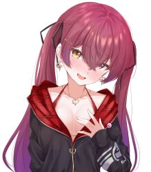 1girl bikini bikini_under_clothes black_jacket breasts cleavage earrings gold_earrings gold_necklace gradient_hair hand_on_own_chest heart heart_earrings heart_necklace highres hololive houshou_marine houshou_marine_(summer) jacket jewelry large_breasts long_hair looking_at_viewer multicolored_hair necklace official_alternate_costume open_mouth purple_hair red_bikini red_eyes red_hair smile solo swimsuit tsukki virtual_youtuber yellow_eyes