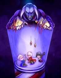 1girl 3boys blue_eyes blue_jacket chibi claws dante_(devil_may_cry) devil_may_cry devil_may_cry_(series) devil_may_cry_3 grin heterochromia holding holding_rocket_launcher holding_sword holding_weapon jacket jester_(dmc3) kalina_ann_(weapon) lady_(devil_may_cry) mineco000 multiple_boys puppet_strings rebellion_(sword) red_eyes red_jacket rocket_launcher sharp_teeth smile sword teeth vergil_(devil_may_cry) weapon yamato_(sword)