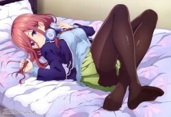 1girl absurdres ass bed_sheet bedroom black_pantyhose blazer blue_eyes blue_jacket blue_sweater blush breasts brown_hair closed_mouth dot_nose feet female_focus go-toubun_no_hanayome grabbing_own_hair green_skirt hair_between_eyes hand_on_headphones headphones headphones_around_neck highres indoors jacket japanese_text kiso_yuuta large_breasts long_hair long_sleeves looking_at_viewer looking_to_the_side lying miniskirt nakano_miku no_shoes official_art on_back on_bed pants pantyhose pillow pleated_skirt scan school_uniform shirt shirt_under_sweater skirt smile soles solo solo_focus striped_clothes striped_pants sweater toes white_shirt