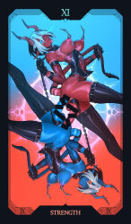 2girls bar_censor black_gloves blue_eyes blue_skin breasts censored collar colored_skin demon_girl demon_horns demon_tail futanari gloves highres horns large_breasts multiple_girls mutual_penetration navel nipple_piercing nipples one_eye_closed original piercing red_eyes red_skin short_hair spiked_chain strength_(tarot) symmetry tail tail_pull tailbox tarot thick_thighs thighhighs thighs