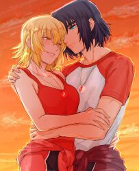 Rule 34 | 1boy, 1girl, athrun zala, blonde hair, blue hair, blush, cagalli yula athha, couple, green eyes, gundam, gundam seed, gundam seed freedom, hand on another&#039;s arm, hand on another&#039;s shoulder, highres, hug, jewelry, kimi88407604, looking at another, mecha pilot suit, necklace, red tank top, ring, short hair, smile, sunset, tank top, yellow eyes