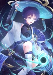 Rule 34 | 1boy, anemo symbol (genshin impact), animal print, arm at side, arm up, armor, belt, bird print, black belt, black bodysuit, black bow, black bridal gauntlets, black leggings, black sandals, black shorts, blue cape, blue gemstone, blue hat, blue kimono, blue sleeves, blunt ends, bodysuit, bow, bridal gauntlets, cape, colored eyelashes, covered collarbone, curled fingers, eyeliner, eyeshadow, feathers, furisode, gem, genshin impact, gold, gold ring, hakama, hakama shorts, hat, highres, japanese armor, japanese clothes, jingasa, juban, kimono, knee up, kote, kurokote, layered sleeves, leg warmers, leggings, looking to the side, lower teeth only, makeup, male focus, mandarin collar, middle ring, open clothes, open kimono, open mouth, pleated shorts, pom pom (clothes), purple eyes, purple hair, purple rope, purple sash, raised eyebrow, red eyeliner, red eyeshadow, rope, sandals, sash, scaramouche (genshin impact), short sleeves, shorts, shoulder peek, sky, solo, star (sky), starry sky, tassel, teeth, toa scara, tongue, vision (genshin impact), vortex, wanderer (genshin impact), white kimono, white leg warmers, white sleeves, white trim, wind, yellow feathers, zouri