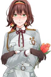 1girl axis_powers_hetalia belgian_flag belgium_(hetalia) brown_hair ca_lamari flower gloves green_eyes hair_ribbon hairband highres holding holding_flower jacket long_sleeves looking_at_viewer neck_ribbon ribbon short_hair simple_background smile solo tulip upper_body white_background