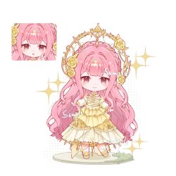 1girl :o absurdly_long_hair arrow_(symbol) ayayayai bare_shoulders blunt_bangs braid brown_eyes chibi chinese_commentary choker close-up closed_mouth commentary_request crown_braid dot_nose dress eyelashes floral_print flower frilled_choker frilled_dress frills gown hair_flower hair_intakes hair_ornament halftone halo halo_behind_head happy highres infinity_nikki light_blush long_dress long_hair long_sleeves neck_flower nikki_(nikki) nikki_(series) off-shoulder_dress off_shoulder pink_hair procreate_(medium) puffy_long_sleeves puffy_sleeves rose rose_print sample_watermark shoes sidelocks simple_background smile solo sparkle v very_long_hair watermark wavy_hair white_background white_choker white_sleeves wishful_aurosa_(infinity_nikki) yellow_dress yellow_flower yellow_halo yellow_rose yellow_shoes
