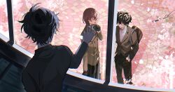 2boys absurdres akechi_gorou amamiya_ren back black_gloves black_hair closed_eyes closed_mouth curly_hair fsmaichobpeg0 glasses gloves hair_between_eyes highres male_focus medium_hair multiple_boys persona persona_5 school_uniform short_hair smile window