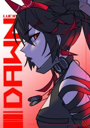 Rule 34 | 1girl, black hair, c0ffeenn, character name, chin guard, dog tags, earrings, fake horns, hair between eyes, hair ornament, highres, horns, jewelry, lucia: dawn (pgr), lucia (pgr), multicolored hair, open mouth, punishing: gray raven, red eyes, red hair, red horns, sidelocks, solo, streaked hair, x hair ornament