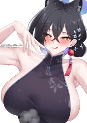 1girl :q absurdres amai-pai animal_ears armpits artist_name bare_arms bare_shoulders black_dress black_hair blue_archive blush breasts china_dress chinese_clothes colored_inner_hair commentary covered_collarbone crossed_bangs dress earrings english_commentary fanbox_username gigantic_breasts hair_between_eyes hair_bun hair_ornament half-closed_eyes hand_up highres huge_breasts jewelry kaguya_(blue_archive) mixed-language_commentary multicolored_hair patreon_username purple_hair seductive_gaze seductress short_hair sideboob simple_background single_earring single_hair_bun sleeveless sleeveless_dress sleeveless_turtleneck_dress smile smile:d solo steam steaming_body sweat tassel tassel_earrings tongue tongue_out upper_body white_background yellow_eyes