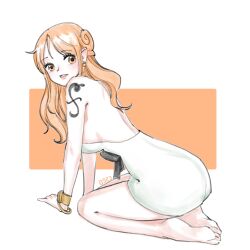 1girl arm_support backless_dress backless_outfit bangle bare_legs bare_shoulders barefoot bracelet breasts cynthia_(user_rrcz7734) dress earrings feet from_behind from_side full_body gold_earrings highres jewelry large_breasts leaning_forward lips log_pose long_hair looking_at_viewer looking_to_the_side nami_(one_piece) official_alternate_costume official_alternate_hairstyle one_piece one_piece_film:_gold orange_eyes orange_hair parted_lips pink_lips seiza shoulder_tattoo sitting soles solo tattoo wavy_hair white_dress