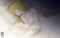 1girl alternate_costume artist_logo bed blonde_hair closed_eyes commentary cryne english_commentary highres indoors logo long_hair long_sleeves lying on_bed on_side parted_lips phoebe_(wuthering_waves) pillow shirt sleeping solo under_covers white_shirt wuthering_waves