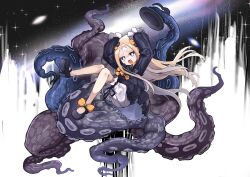 1girl abigail_williams_(fate) absurdres bandaid bandaid_on_face bandaid_on_forehead black_dress black_hat blonde_hair bloomers blue_eyes bow commentary dress fate/grand_order fate_(series) full_body hair_bow hat highres long_hair long_sleeves open_mouth orange_bow sleeves_past_wrists solo tentacles underwear unworn_hat unworn_headwear white_bloomers xtacy