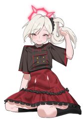 1girl absurdres black_shirt black_shoes blue_archive blush buttons closed_mouth commentary english_commentary grey_hair hair_lift half-closed_eyes halo high_side_ponytail highres long_hair looking_at_viewer mutsuki_(blue_archive) no_shoes pink_halo pointy_ears r-dragon red_eyes red_skirt shirt shoes short_sleeves simple_background sitting skirt smile smug solo white_background