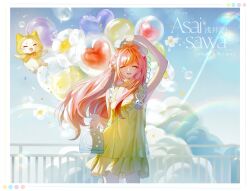 Rule 34 | 1girl, ^ ^, ahoge, animal, balloon, bare arms, bare shoulders, blue flower, blue sky, border, bow, bowtie, braid, brooch, bubble, cat, choker, cloak, closed eyes, clothed animal, cloud, commission, corded phone, cowboy shot, dress, ear covers, floating, floating hair, flower, flower balloon, flower brooch, frilled dress, frills, fur choker, green choker, green dress, hair bow, hair ornament, happy, heart, heart balloon, heart hair ornament, highres, holding, holding phone, hood, hood up, hooded cloak, long hair, momo (nikki), nikki (nikki), nikki (series), open mouth, orange bow, orange bowtie, petals, phone, pink hair, qianjing ze, rabbit brooch, railing, rainbow, short dress, sidelocks, single braid, sky, sleeveless, sleeveless dress, smile, solo focus, standing, straight-on, sundress, teeth, traditional bowtie, upper teeth only, very long hair, wavy hair, whiskers, white border, white cat, wind, yellow bow, yellow cloak