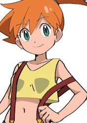 Rule 34 | 1girl, asymmetrical hair, blush, breasts, closed mouth, crop top, denim, denim shorts, eyelashes, female focus, gen 1 pokemon, green eyes, green shorts, hainchu, hair between eyes, hair tie, hand on own hip, highres, looking at viewer, midriff, misty (pokemon), navel, nintendo, orange hair, pokemon, pokemon (anime), pokemon (classic anime), pokemon rgby, ponytail, shirt, short hair, short shorts, shorts, side ponytail, sleeveless, sleeveless shirt, smile, solo, split mouth, suspenders, tank top, upper body, yellow shirt, yellow tank top