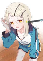 1girl bangs_pinned_back bent_over blunt_sidelocks breasts collarbone colored_eyelashes commentary_request cowboy_shot downblouse gakuen_idolmaster hair_ornament hair_over_shoulder hairclip hand_on_own_leg hand_up highres idolmaster indoors jacket light_blush long_hair long_sidelocks long_sleeves looking_at_viewer multicolored_jacket multicolored_shorts open_mouth orange_eyes parted_bangs shadow shinosawa_hiro short_shorts shorts sidelocks small_breasts smile solo standing status_bar straight_hair sweat track_jacket user_fhgy4743 very_sweaty watermark wooden_floor zipper zipper_pull_tab