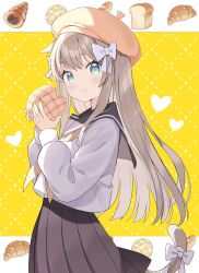 Rule 34 | 1girl, :t, animal ears, baguette, beret, black sailor collar, black skirt, blush, bow, bread, brown hat, cat ears, cat girl, cat tail, closed mouth, commentary, cornet espoir, cowboy shot, croissant, food, green eyes, grey hair, hair bow, hat, highres, holding, holding food, long hair, long sleeves, looking at viewer, melon bread, neckerchief, original, pleated skirt, sailor collar, school uniform, serafuku, shirt, skirt, solo, symbol-only commentary, tail, tail bow, tail ornament, tantan men (dragon), white bow, white shirt, yellow background, yellow neckerchief