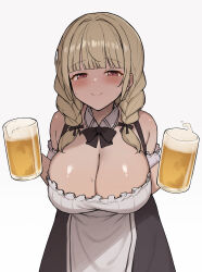 1girl absurdres alcohol alternate_costume arm_cuffs bare_shoulders barmaid beer beer_mug black_bow black_bowtie black_dress black_ribbon blonde_hair blunt_bangs blush bow bowtie braid breasts brown_eyes cleavage closed_mouth commentary_request cup detached_collar dirndl dress drink frills german_clothes hair_intakes hair_ribbon hands_up highres holding holding_cup holding_drink huge_breasts kogara_toto leaning_forward looking_at_viewer low_neckline medium_hair moriartea mug paid_reward_available ribbon seductive_smile shiny_skin simple_background smile solo split_mouth sweat tareme twin_braids upper_body virtual_youtuber vspo! white_background