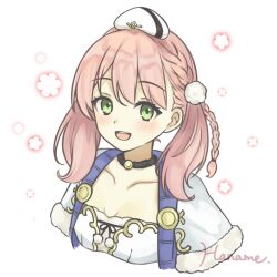 1girl atelier_(series) atelier_escha_&amp;_logy blush collarbone commentary_request escha_malier green_eyes hanachocolate30 hat highres looking_at_viewer open_mouth pink_hair smile solo twintails upper_body white_hat