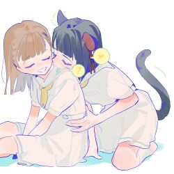2girls ? animal_ears black_hair blunt_bangs blunt_ends blush bob_cut braid breast_pocket brown_hair cat_ears cat_girl cat_tail center-flap_bangs closed_eyes commentary_request dress feet_out_of_frame flower flower_knot full_body grin hair_flower hair_ornament heart highres kachimachi_kosuzu kemonomimi_mode link!_like!_love_live! long_hair love_live! momose_ginko multiple_girls no_shoes nose_blush pipi_(m1x_mix) pocket sailor_collar sailor_dress short_hair side_braids simple_background sitting smile socks speech_bubble spoken_heart spoken_question_mark summer_uniform tail u_u virtual_youtuber white_background white_dress white_flower white_sailor_collar white_socks yuri