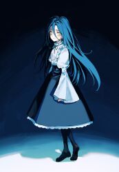 Rule 34 | 1girl, absurdres, blue background, blue hair, blue skirt, closed mouth, full body, hair between eyes, highres, kamisaki hikaru, long hair, long skirt, long sleeves, looking at viewer, medalist (manga), shirt, siotanikun, skirt, sleeves past wrists, solo, standing, straight hair, very long hair, white shirt, yellow eyes