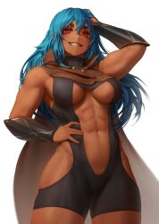 1girl abs absurdres aqua_hair bare_shoulders biceps black_bodysuit blurry blurry_background blush bodysuit breasts breasts_apart brown_cloak check_clothing check_copyright cloak clothing_request commentary commission copyright_request covered_collarbone cowboy_shot dark-skinned_female dark_skin english_commentary eyeliner eyeshadow hair_between_eyes hand_in_own_hair hand_on_own_head hand_on_own_hip highres large_breasts long_hair looking_at_viewer looking_down makeup muscular muscular_female navel numanoan original parted_lips red_eyes simple_background smile solo teeth underboob vambraces white_background