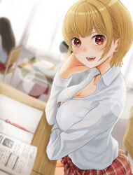 Rule 34 | 2girls, absurdres, blurry, blurry background, bra visible through clothes, breasts, brown hair, classroom, cleavage, day, desk, fangs, heart, heart in eye, highres, indoors, large breasts, lens flare, long sleeves, looking at viewer, medium hair, multiple girls, nao suke, original, paper, pencil, plaid clothes, plaid skirt, red skirt, school uniform, shirt, sitting, skirt, symbol in eye, white shirt