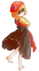 1girl aki_minoriko alphes_(style) apron barefoot blonde_hair commentary_request dairi food fruit full_body grapes hat long_sleeves looking_at_viewer neck_ribbon parody red_eyes ribbon ringed_eyes shirt short_hair skirt solo style_parody tachi-e tears touhou transparent_background wide_sleeves