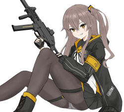 1girl 404_logo_(girls&#039;_frontline) armband black_boots black_gloves black_jacket black_pantyhose black_ribbon black_skirt boots brown_eyes brown_hair collared_shirt commentary_request crossed_bangs double-parted_bangs dress_shirt eotech fingerless_gloves foot_out_of_frame from_side girls&#039;_frontline gloves green_pupils gun h&amp;k_ump hair_between_eyes highres holding holding_gun holding_weapon hood hood_down hooded_jacket jacket koenza_botoke long_hair long_sidelocks looking_at_viewer magazine_(weapon) neck_ribbon one_side_up open_clothes open_jacket panties panties_under_pantyhose pantyhose pleated_skirt print_jacket ribbon scar scar_across_eye scar_on_face shirt sidelocks simple_background sitting skirt smile solo submachine_gun suppressor thigh_strap trigger_discipline two-sided_fabric two-sided_jacket ump45_(girls&#039;_frontline) underwear weapon white_background white_panties white_shirt yellow_armband yellow_jacket