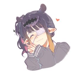 1girl b_cat610 closed_eyes closed_mouth collared_shirt colored_inner_hair eyepatch gradient_hair grey_sweater hashtag-only_commentary heart highres hololive hololive_english long_sleeves medical_eyepatch medium_hair mole mole_under_eye multicolored_hair ninomae_ina&#039;nis ninomae_ina&#039;nis_(school_uniform) official_alternate_costume orange_hair pink_hair pointy_ears purple_hair school_uniform shirt side_ponytail sidelocks simple_background solo sweater tentacle_hair virtual_youtuber white_background white_shirt