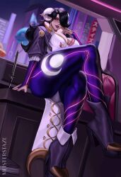 absurdres black_hair crossed_legs goat_horns grin hair_over_one_eye half-closed_eyes highres horns knee_up long_hair meister_staze original sitting smile yellow_eyes