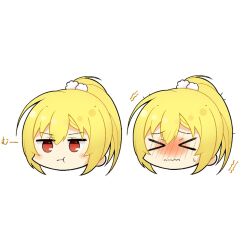 Rule 34 | 1girl, :t, arihara nanami, blonde hair, blush, blush stickers, chibi, chibi only, closed mouth, commentary request, embarrassed, furrowed brow, hair between eyes, hair ornament, highres, jitome, long hair, looking at viewer, multiple expressions, nose blush, obsidiaki, pom pom (clothes), pom pom hair ornament, ponytail, pout, red eyes, riddle joker, sidelocks, simple background, sound effects, trembling, v-shaped eyebrows, wavy mouth, white background