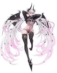 1girl absurdres black_hands black_panties black_shirt black_thighhighs body_markings breasts choker colored_extremities crop_top crop_top_overhang cropped_shirt crossed_bangs demon_girl demon_horns demon_wings ear_piercing fate/grand_order fate_(series) full_body green_eyes grey_hair hair_between_eyes highres horns jwww1375902131 lilith_(fate) long_hair long_sleeves looking_at_viewer medium_breasts navel open_mouth panties piercing pointy_ears shirt solo stomach_tattoo tattoo thighhighs tongue tongue_out twintails underboob underwear very_long_hair wings