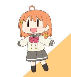 Rule 34 | 1girl, ahoge, black eyes, bow, bowtie, braid, buttons, chibi, clover hair ornament, four-leaf clover hair ornament, grey sailor collar, grey skirt, hair bow, hair ornament, loafers, long sleeves, love live!, love live! sunshine!!, miyako hito, necktie, orange hair, pleated skirt, red bow, red bowtie, ribbon, sailor collar, school uniform, serafuku, shoes, short hair, simple background, skirt, socks, solo, takami chika, uranohoshi school uniform, white background, winter uniform