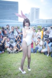 Rule 34 | 2girls, 6+boys, blue sky, building, cosplay photo, highres, katou megumi, leotard, multiple boys, multiple girls, photo (medium), playboy bunny, saenai heroine no sodatekata, sky, white leotard, xiaorouseeu