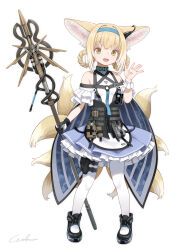 1girl \||/ absurdres animal_ears arknights bare_shoulders black_shoes blonde_hair blue_dress blue_hairband braid braided_hair_rings commentary_request dress earpiece fox_ears fox_girl fox_tail frilled_dress frills full_body hair_rings hairband highres holding holding_staff infection_monitor_(arknights) kitsune kyuubi material_growth multiple_tails oripathy_lesion_(arknights) pantyhose revision shoes simple_background solo staff suzuran_(arknights) tachi-e tail twin_braids welt_(kinsei_koutenkyoku) white_background white_pantyhose