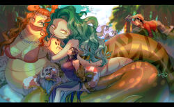 1boy 3girls aktrks01 amazon_lily bikini bikini_top_only black_hair boa_hancock boa_marigold boa_sandersonia breasts colored_skin dress earrings fangs green_hair green_skin hat horns jewelry large_breasts long_hair monkey_d._luffy multiple_girls necklace one_piece orange_hair palm_tree purple_dress salome_(one_piece) size_difference skull smile snake snake_earrings snake_girl snake_tail snake_tongue straw_hat tail tree yellow_eyes