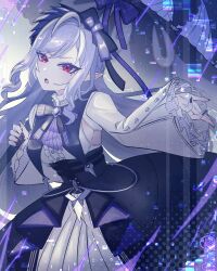 1girl ahoge ascot black_nails bow bowtie center_frills cowboy_shot dress frills gem hairband highres holding holding_umbrella long_hair mole mole_under_eye norwo724 open_mouth pointy_ears purple_ascot purple_bow purple_bowtie purple_gemstone purple_hair purple_hairband purple_umbrella red_eyes shrug_(clothing) sideboob_cutout umbrella vivian_banshee white_shrug zenless_zone_zero