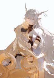 2girls arknights blonde_hair chunbuchou cloak closed_eyes demon_horns dress hair_spread_out highres horns implied_extra_ears long_hair multiple_girls nightingale_(arknights) pointy_ears shining_(arknights) torn_cloak torn_clothes very_long_hair white_dress yuri