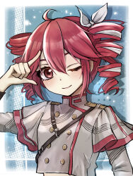 1girl ahoge belt black_belt blue_background border buttons closed_mouth double-breasted double-parted_bangs drill_hair grey_jacket hair_between_eyes hair_ribbon hand_up highres jacket kasane_teto kasane_teto_(sv) long_sleeves looking_at_viewer one_eye_closed red_eyes red_hair ribbon shouchan shoulder_belt shoulder_boards smile solo striped_clothes striped_jacket synthesizer_v twin_drills upper_body utau white_border white_ribbon