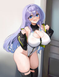 1girl absurdres alice_gear_aegis black_jacket black_thighhighs blue_eyes breasts choi7353 circle_cutout cleavage_cutout clothing_cutout companion/af covered_collarbone door front_zipper full-length_zipper heattech_leotard highleg highleg_leotard highres jacket large_breasts leotard long_hair multicolored_leotard original purple_hair race_queen simple_background sleeveless_turtleneck_leotard solo thighhighs turtleneck two-tone_leotard white_background white_leotard zipper zipper_leotard zipper_pull_tab