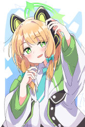 1girl absurdres animal_ear_headphones animal_ears aqua_bow aqua_necktie arm_up blonde_hair blue_archive blue_background blush bow bright_pupils buttons cat_ear_headphones cat_ears claw_pose collared_shirt commentary dot_nose fake_animal_ears fill_(fill_lemonn) green_eyes green_halo green_jacket hair_bow halo hand_up head_tilt headphones highres jacket long_sleeves looking_to_the_side low-tied_sidelocks medium_hair midori_(blue_archive) multicolored_jacket necktie open_clothes open_jacket open_mouth shirt sidelocks smile smirk smug solo upper_body white_jacket white_pupils white_shirt wide_sleeves