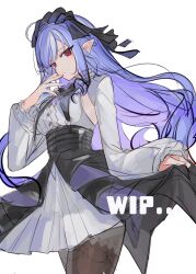 Rule 34 | 1girl, :/, ahoge, black corset, black hairband, black pantyhose, black skirt, breasts, buttons, center frills, closed mouth, corset, cowboy shot, dress, drill hair, drill sidelocks, frilled sleeves, frills, hairband, hand to own mouth, hand up, highres, jazztaki, lolita hairband, long hair, long sidelocks, long sleeves, looking at viewer, medium breasts, mole, mole under eye, pantyhose, pleated dress, pointy ears, purple hair, red eyes, short dress, showgirl skirt, sideboob cutout, sidelocks, sideways glance, simple background, sketch, skirt, skirt hold, slit pupils, solo, standing, underbust, very long hair, vivian banshee, white background, white dress, zenless zone zero