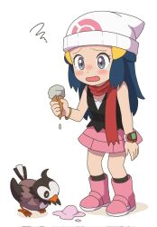 Rule 34 | 1girl, beanie, black hair, black shirt, blush, boots, chibi, commentary request, dawn (pokemon), dropped food, eyelashes, food, full body, gen 4 pokemon, grey eyes, hair ornament, hairclip, hat, highres, ice cream, ice cream cone, long hair, nakikot t, nintendo, open mouth, pink boots, pink skirt, pokemon, pokemon (creature), pokemon dppt, poketch, red scarf, scarf, shirt, sidelocks, skirt, sleeveless, sleeveless shirt, socks, squiggle, standing, starly, watch, white background, white hat, wristwatch
